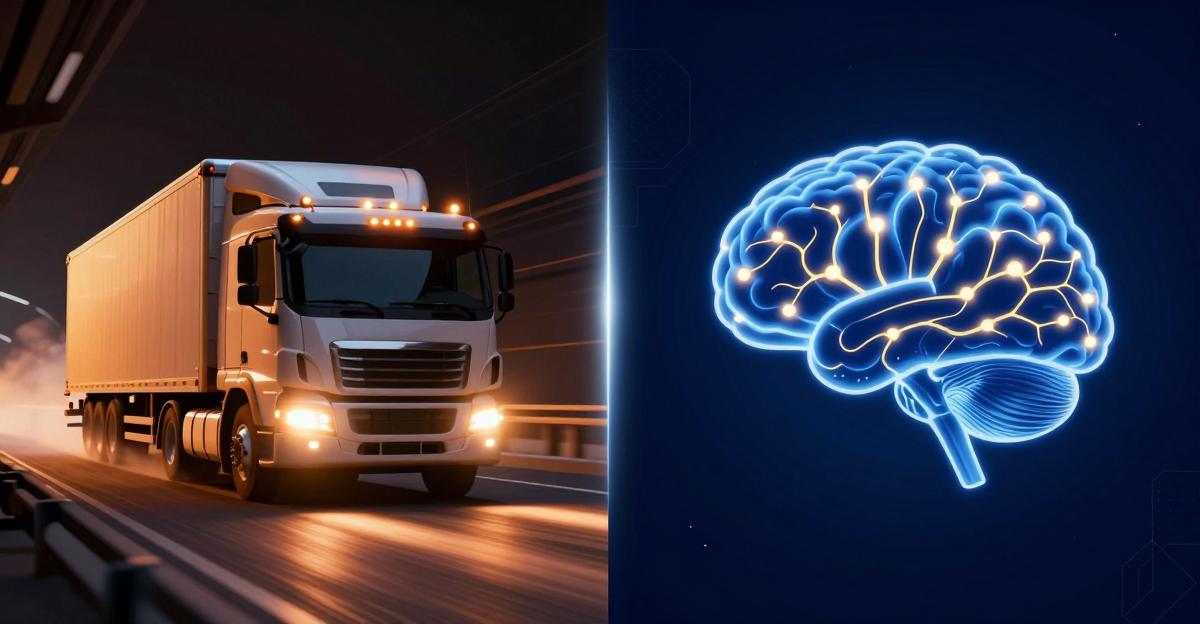 Split illustration: a runaway truck representing LLM hyperfocus, and a glowing brain representing the analytical second brain