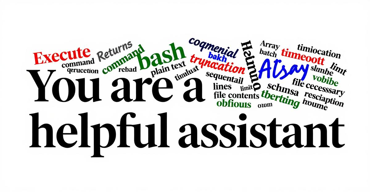 The phrase 'You are a helpful assistant' in elegant serif typography, buried under a chaotic heap of scattered words like 'Execute', 'bash', 'verbose', 'redundant' in different fonts and colors