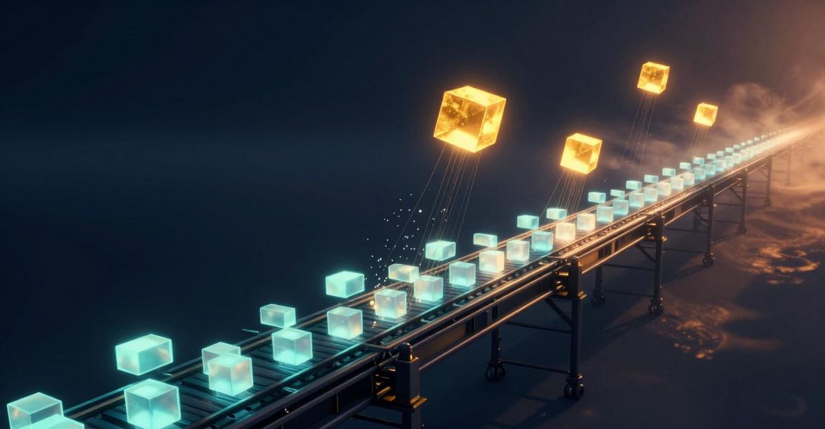 A dark conveyor belt carrying glowing message cubes through digital void, with golden pinned memories floating above on luminous threads